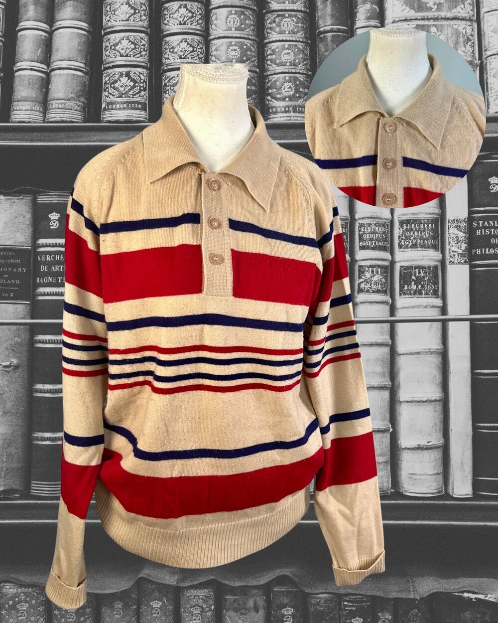 Vintage 70s Studio One by Campus Tan Red Blue Stripe Rugby Preppy Sweater Size L